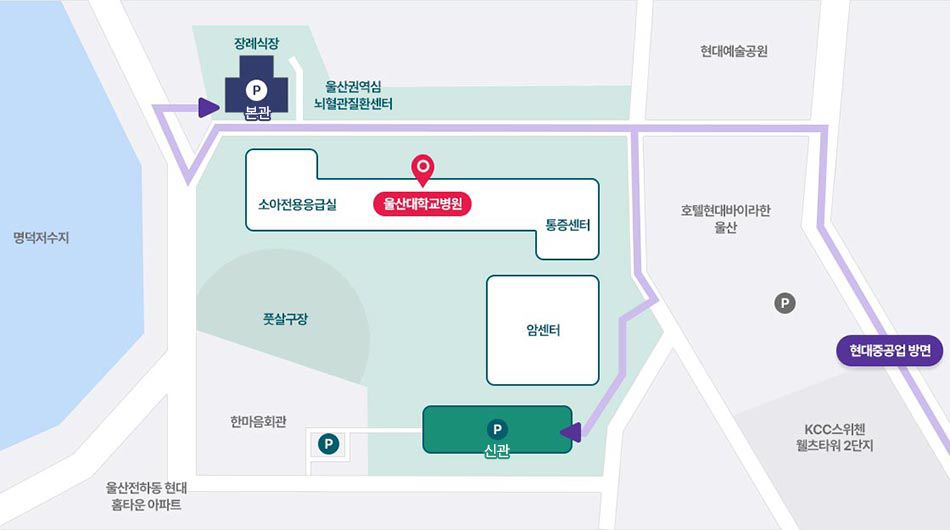 현대중공업 방면에서 울산대학교병원 주차장 안내 지도로 자세한 내용은 아래 참조