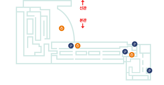 본관_4F층_45병동  항암주사실, 역사관 4F  전시쉼터, 역사관 4F  갤러리, 신관  본관  4F 연결통로, 46병동, 낮병동, 소아청소년과 도서관, 47병동, 세미나실  권역센터회의실, 의국, 의국 