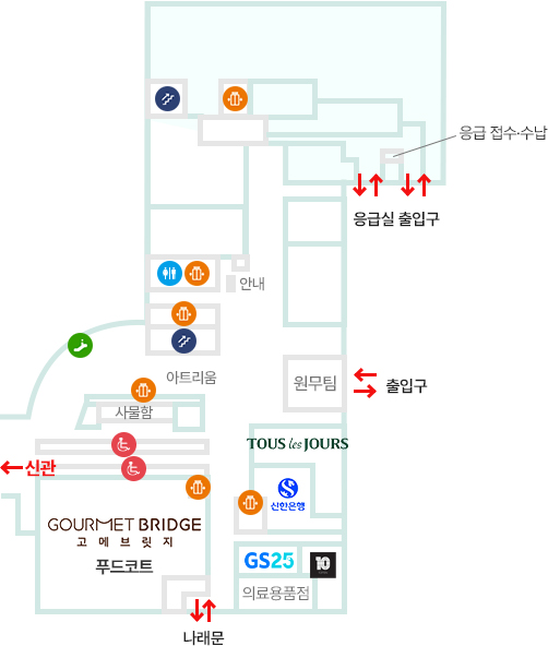 본관_B1F층_권역응급의료센터, 재활의학과, 호흡기 감염내과, 본관 MRI, 호흡기 알레르기 검사실 